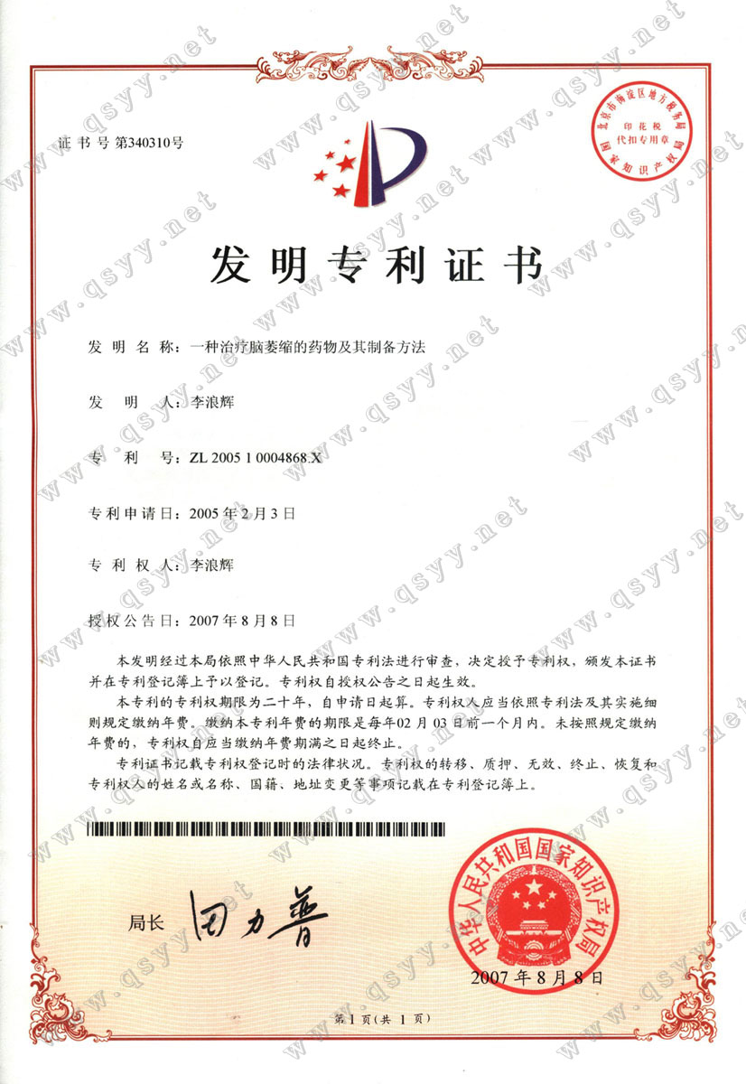 益智康腦丸-中國專利優秀獎